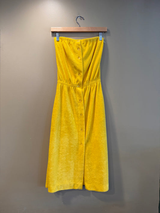 Vintage 70s Action Scene Yellow Towel Dress- S