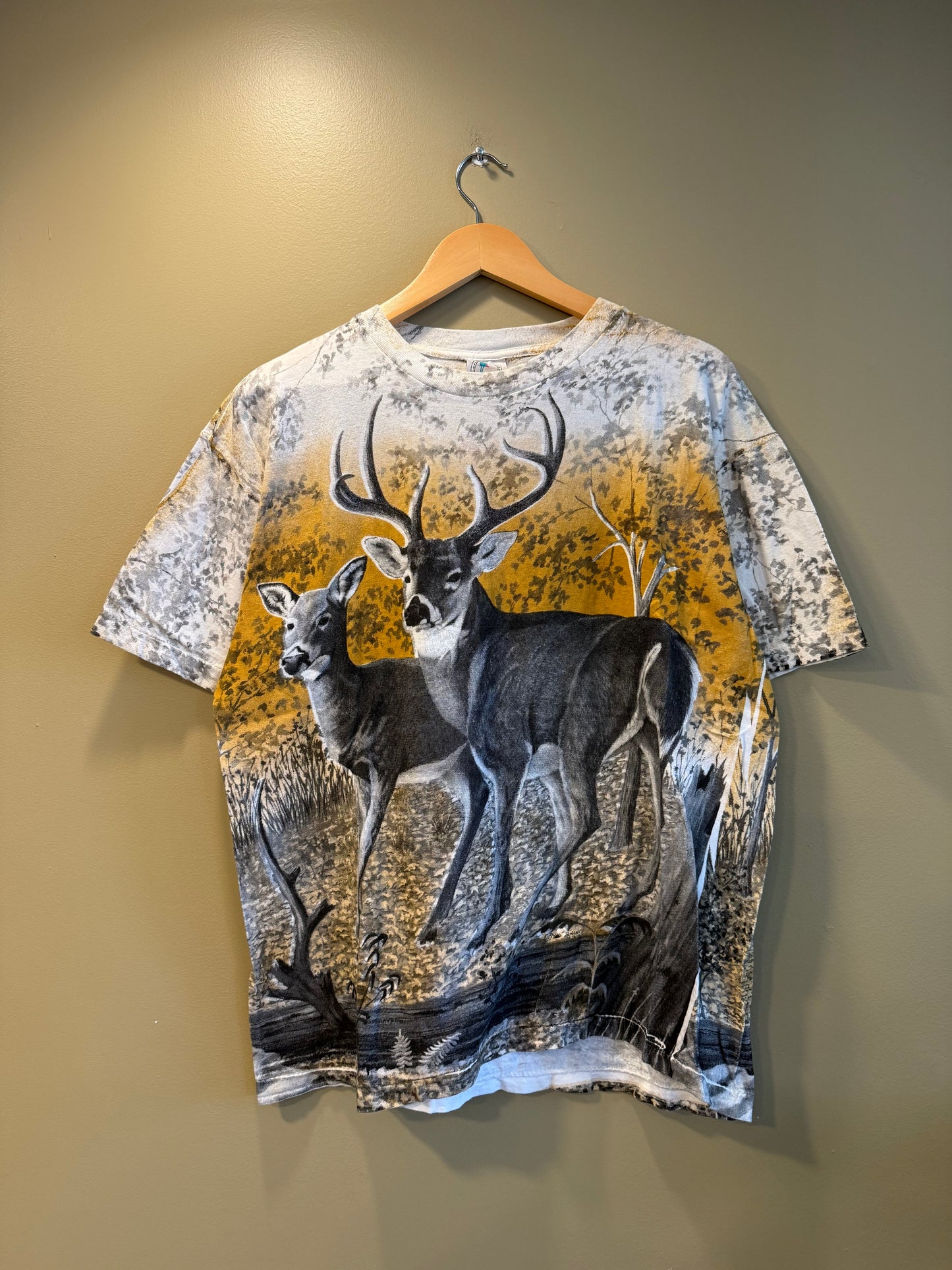 Vintage White Tail Deer All Over Print T-Shirt- XL