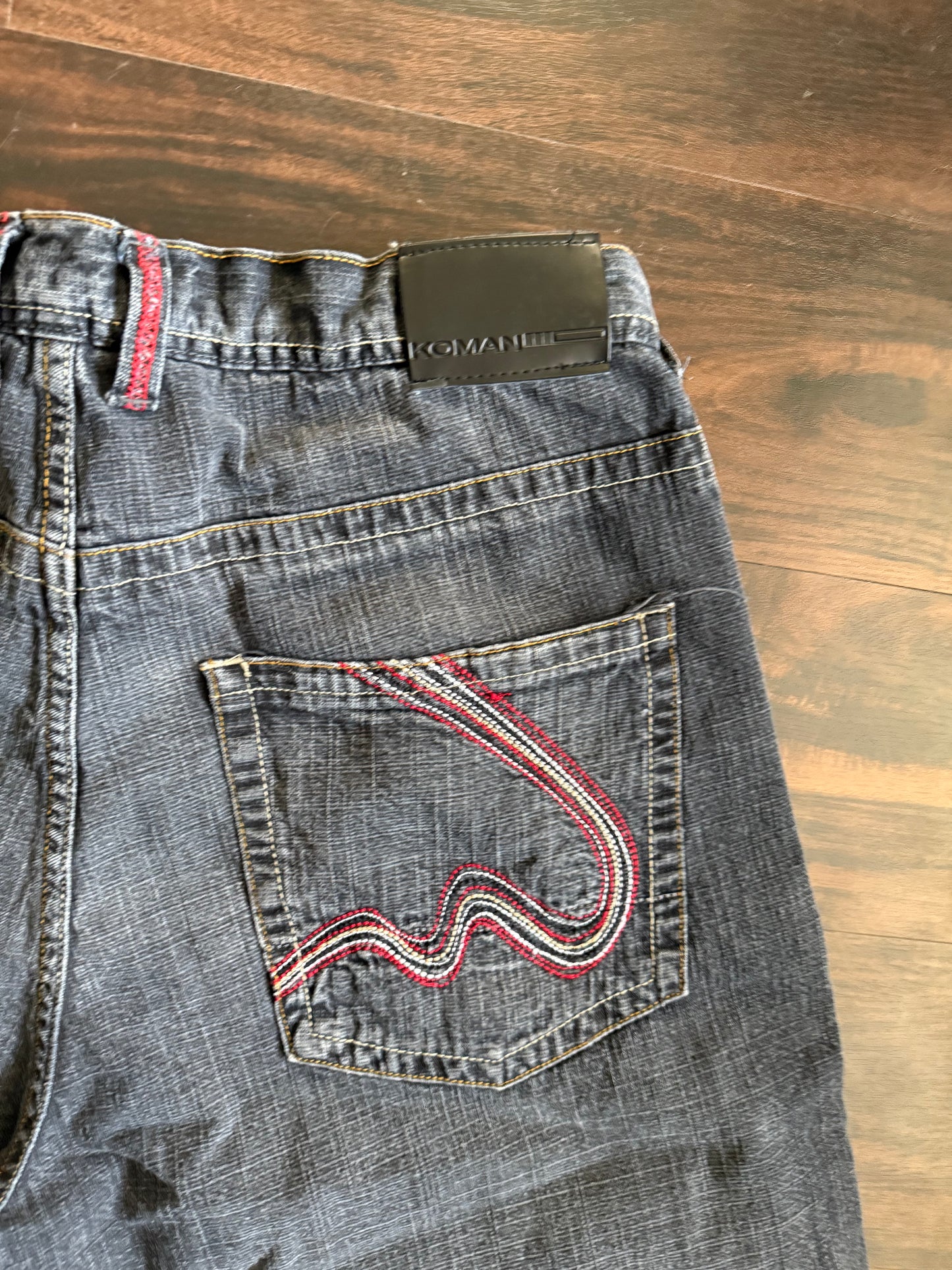 Vintage Y2K Komani Streetwear Black Tassled Denim Jean Shorts- 34