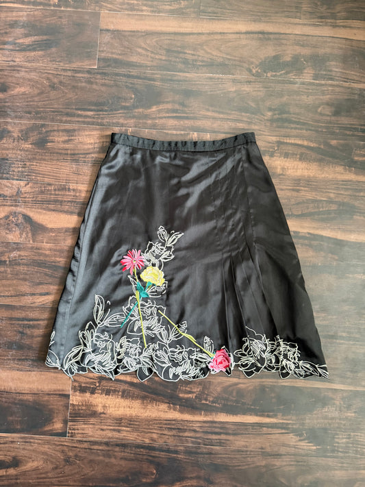 Vintage Vertigo Paris 100% Silk Black Floral Skirt- 28