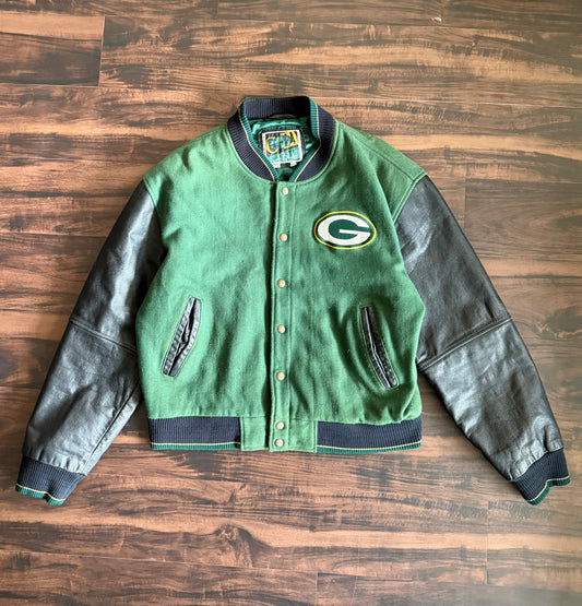 Vintage Green Bay Packers NFL Carl Banks Leather & Wool Varsity Jacket- L