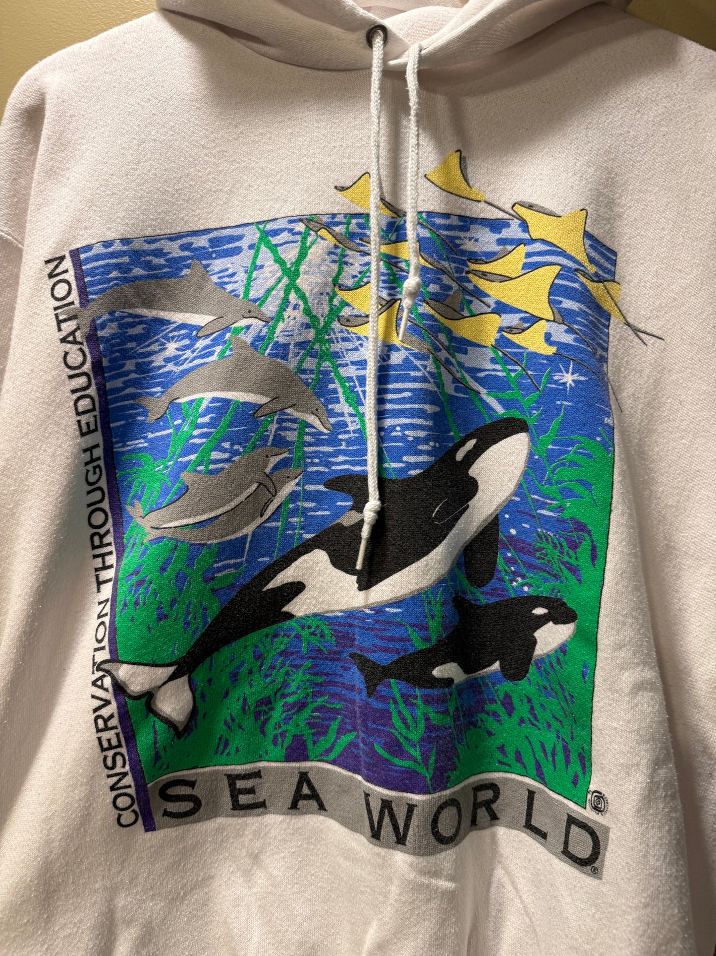 Vintage Sea World Orca Whale White Hoodie Sweatshirt- M