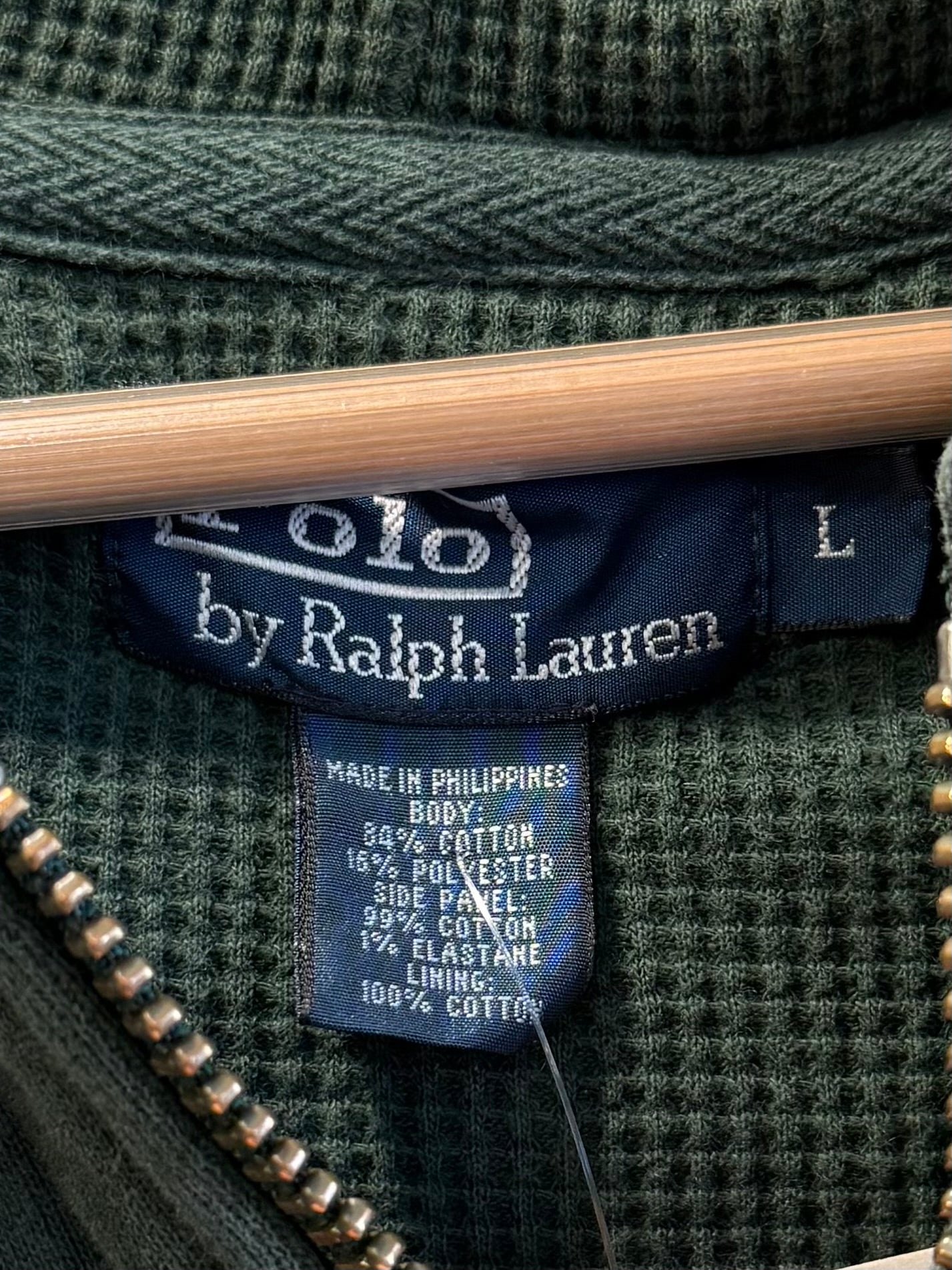 Vintage Polo Ralph Lauren Green Waffle Lined Double Zip Hoodie Sweatshirt- L