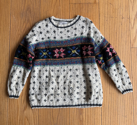 Vintage Wool Hand-Knit Colorful Patterned Sweater- M