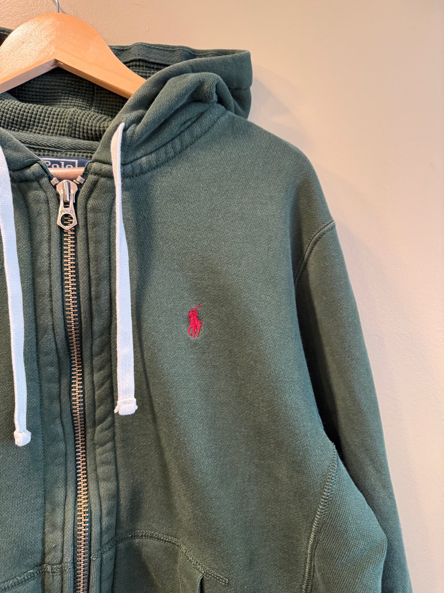 Vintage Polo Ralph Lauren Green Waffle Lined Double Zip Hoodie Sweatshirt- L