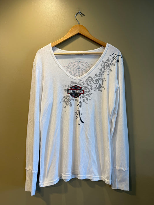 Vintage Harley Davidson White Gothic Long Sleeve V-Neck T-Shirt- XL