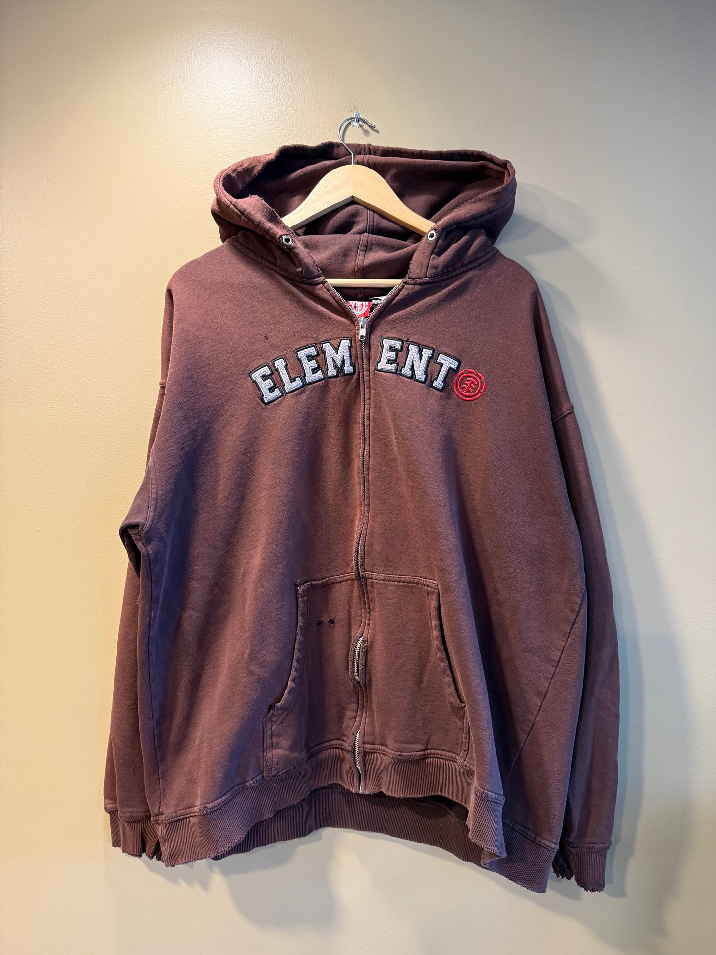 Vintage Element Skateboards Distressed Brown Zip-Up Hoodie Sweatshirt- XL