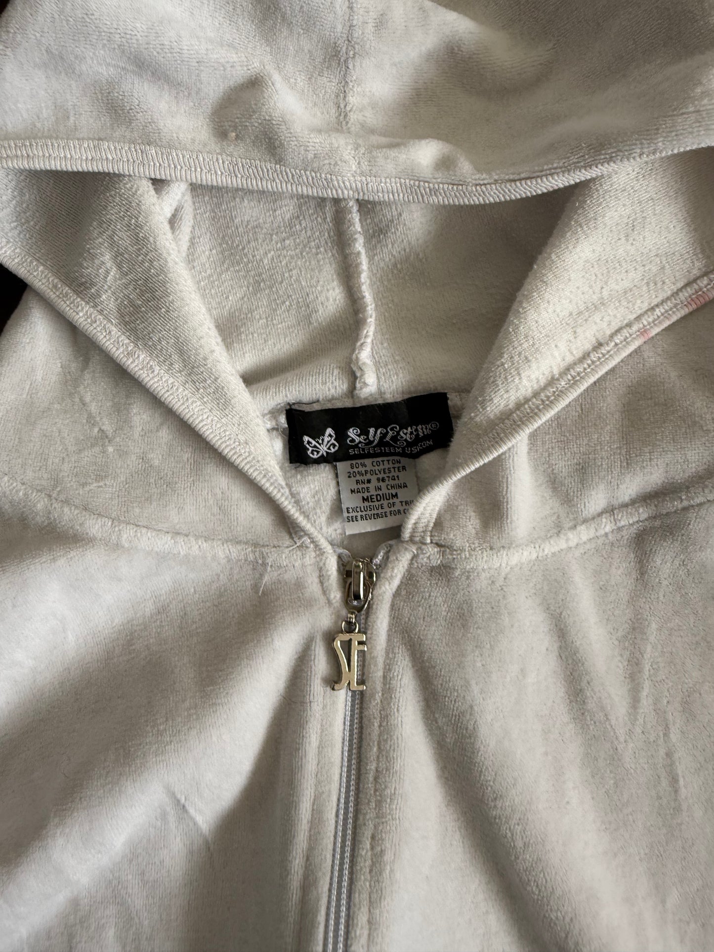 Vintage White Velour Zip-Up Hoodie Sweatshirt- M