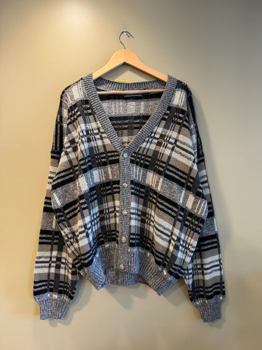 Vintage David Taylor Checkered Neutral Cardigan Sweater- XL