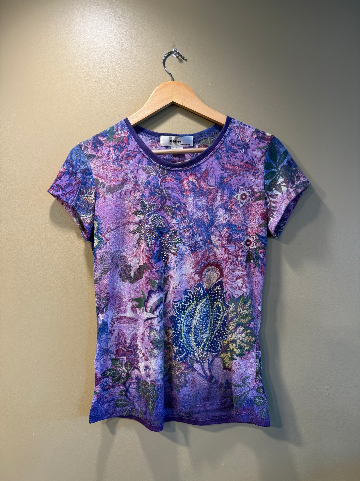 Vintage Y2K Kikit Purple Rhinestone Floral T-Shirt- M
