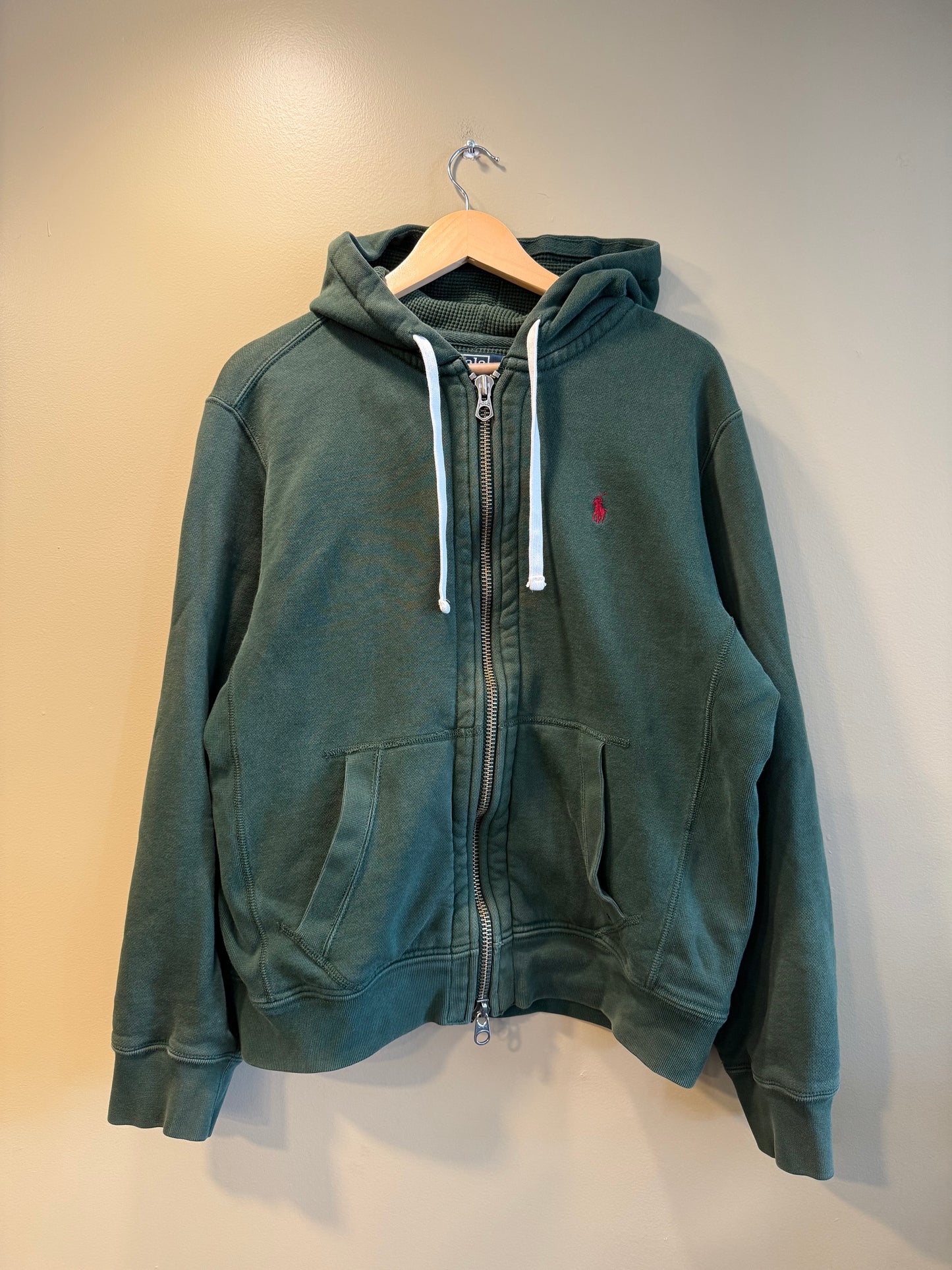 Vintage Polo Ralph Lauren Green Waffle Lined Double Zip Hoodie Sweatshirt- L