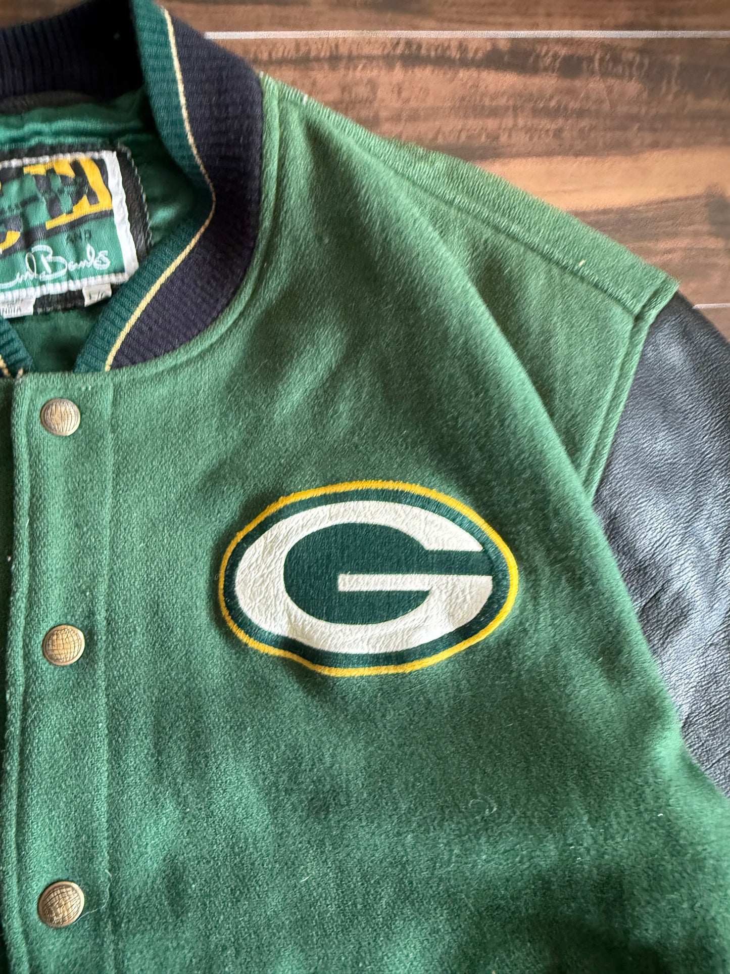 Vintage Green Bay Packers NFL Carl Banks Leather & Wool Varsity Jacket- L