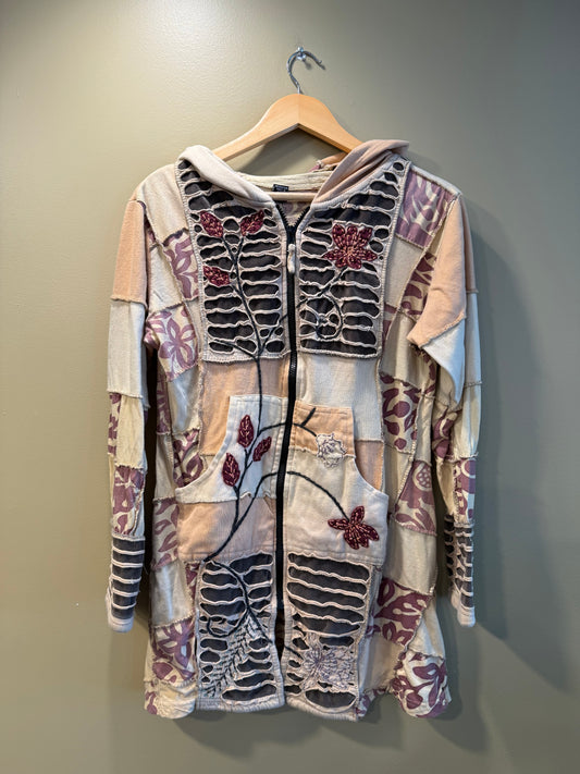 Vintage Cotton Patchwork Boho Zip-Up Hoodie Sweatshirt- M