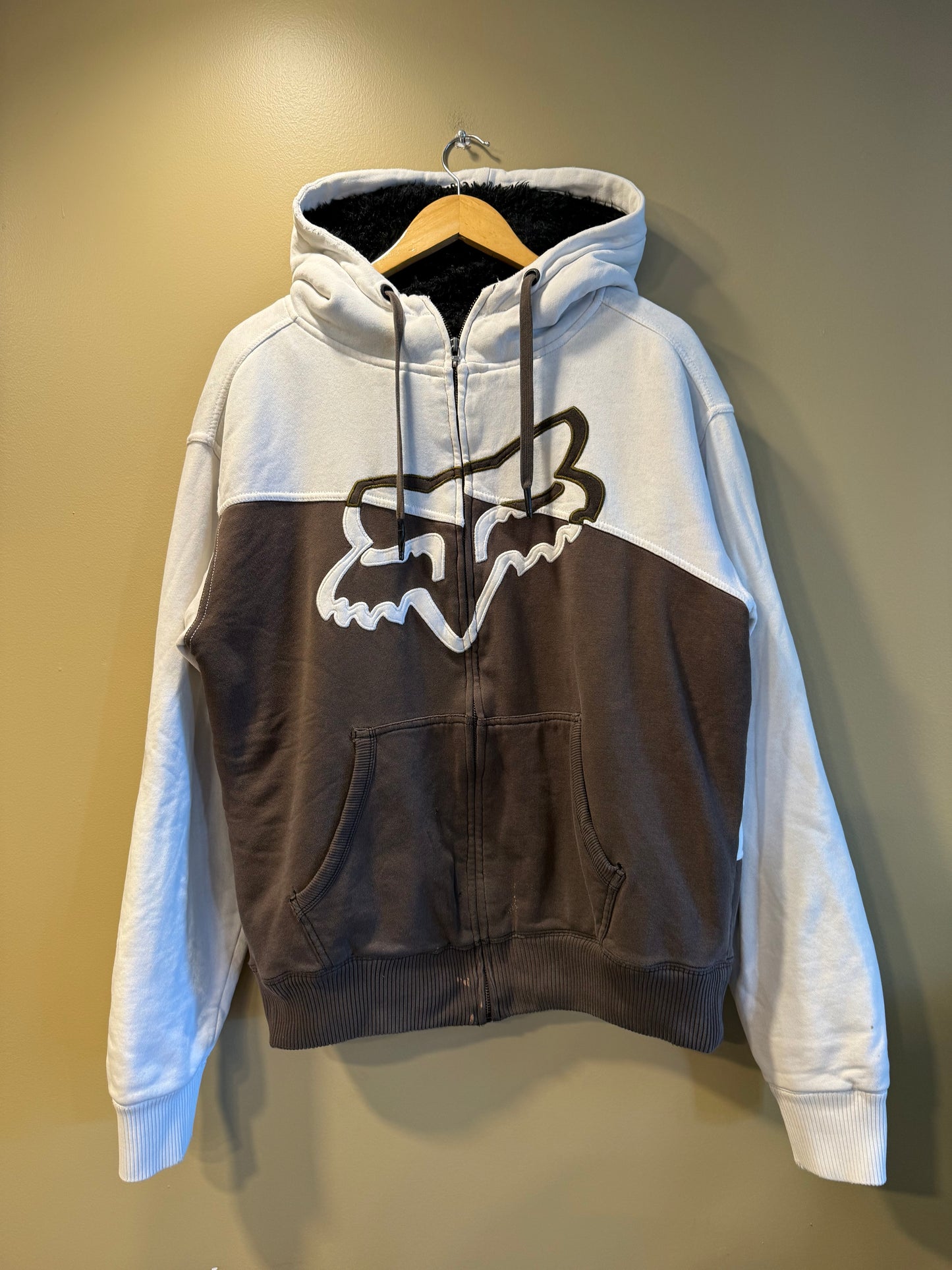 Vintage Fox Racing Brown & White Fur Lined Zip-Up Hoodie Sweatshirt- L