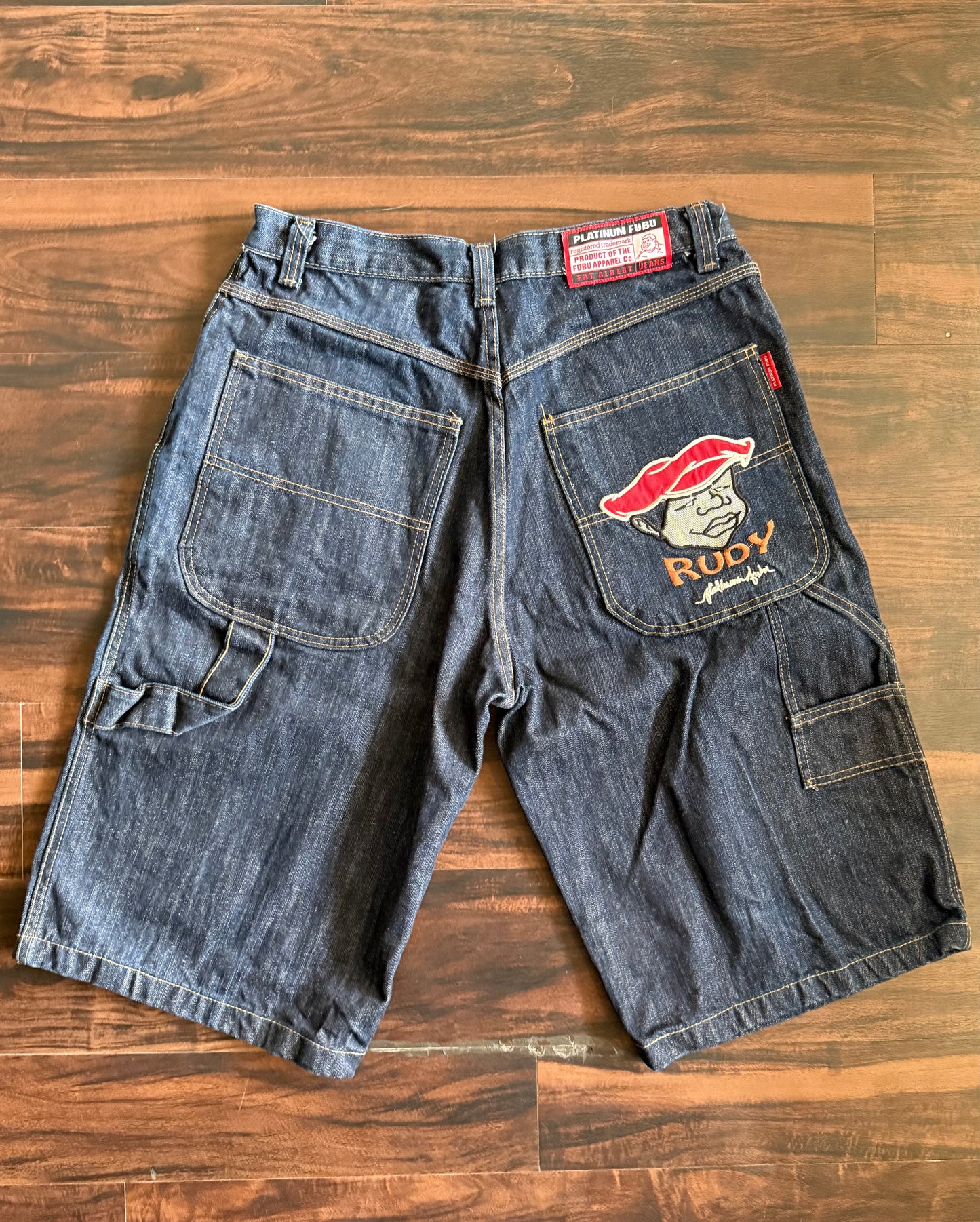 Vintage Y2K Platinum Fubu Rudy Baggy Dark Wash Carpenter Denim Jean Shorts- 34