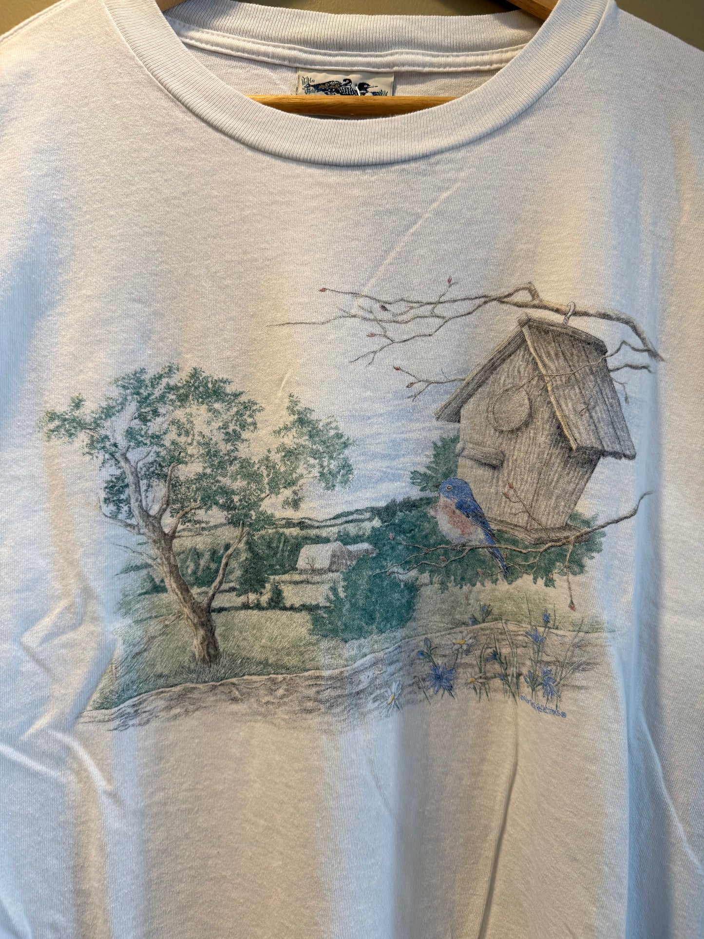 Vintage Blue Bird House Nature T-Shirt- L
