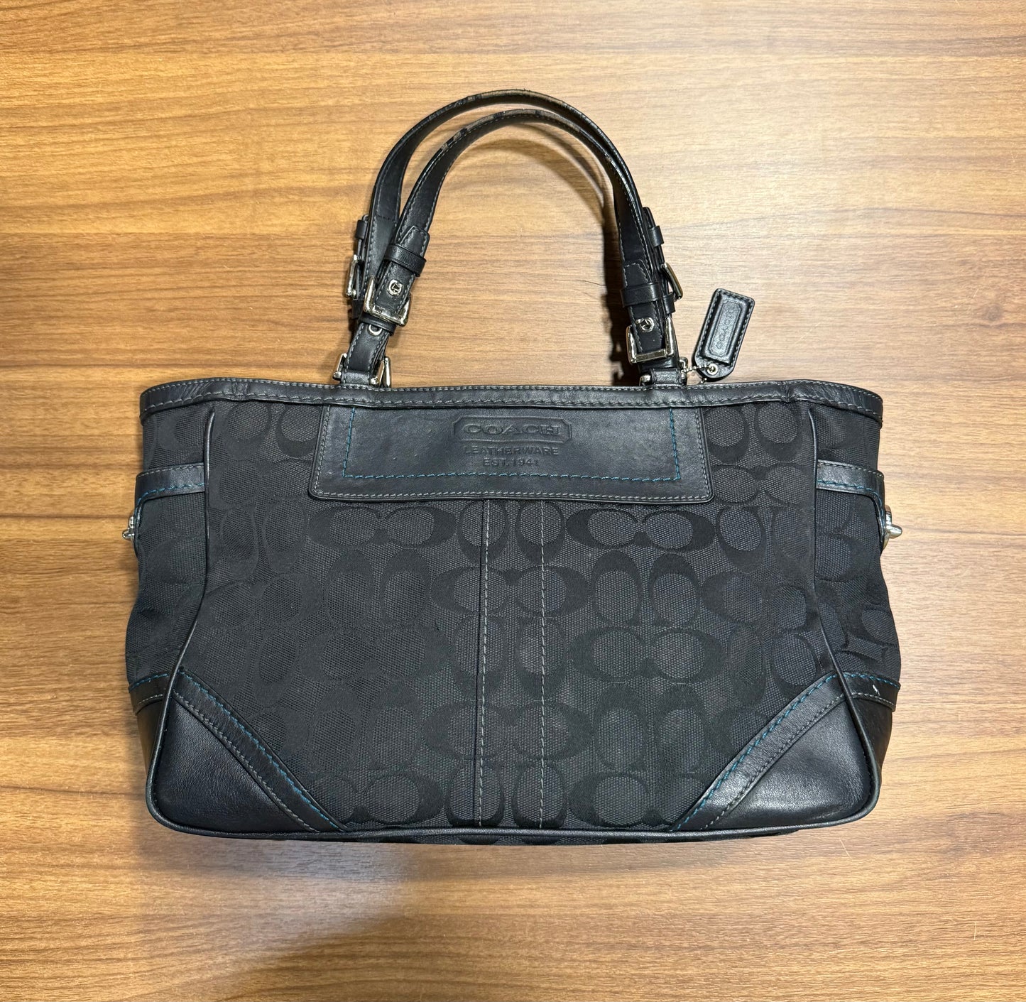 Vintage Coach F05M-8K49 Signature Gallery Black w/ Blue Trim Jacquard Tote Handbag