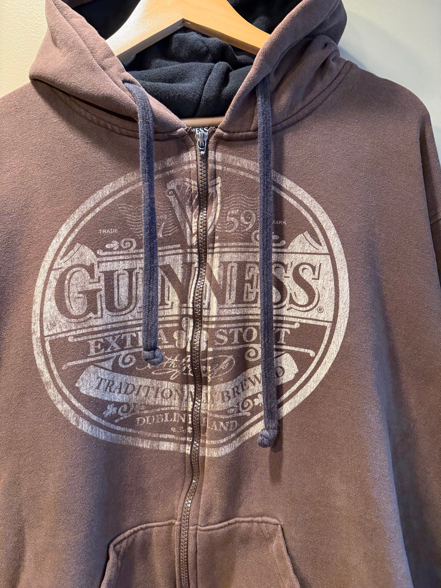 Vintage Guinness Beer Brown Zip-Up Hoodie Sweatshirt- XL