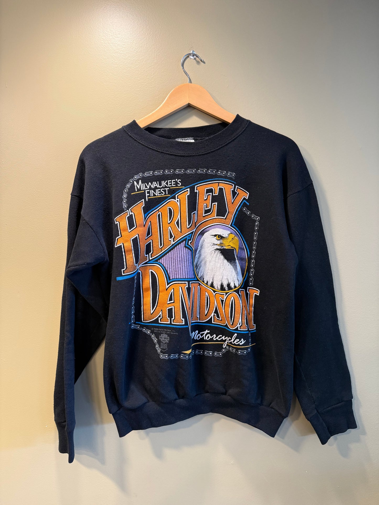 Vintage Harley Davidson Motorcycles Eagle Black Crewneck Sweatshirt- L