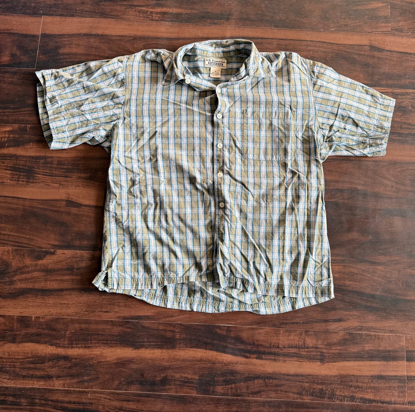 Vintage U.S. Expedition Checkered Green & Blue Button-Up Shirt- M