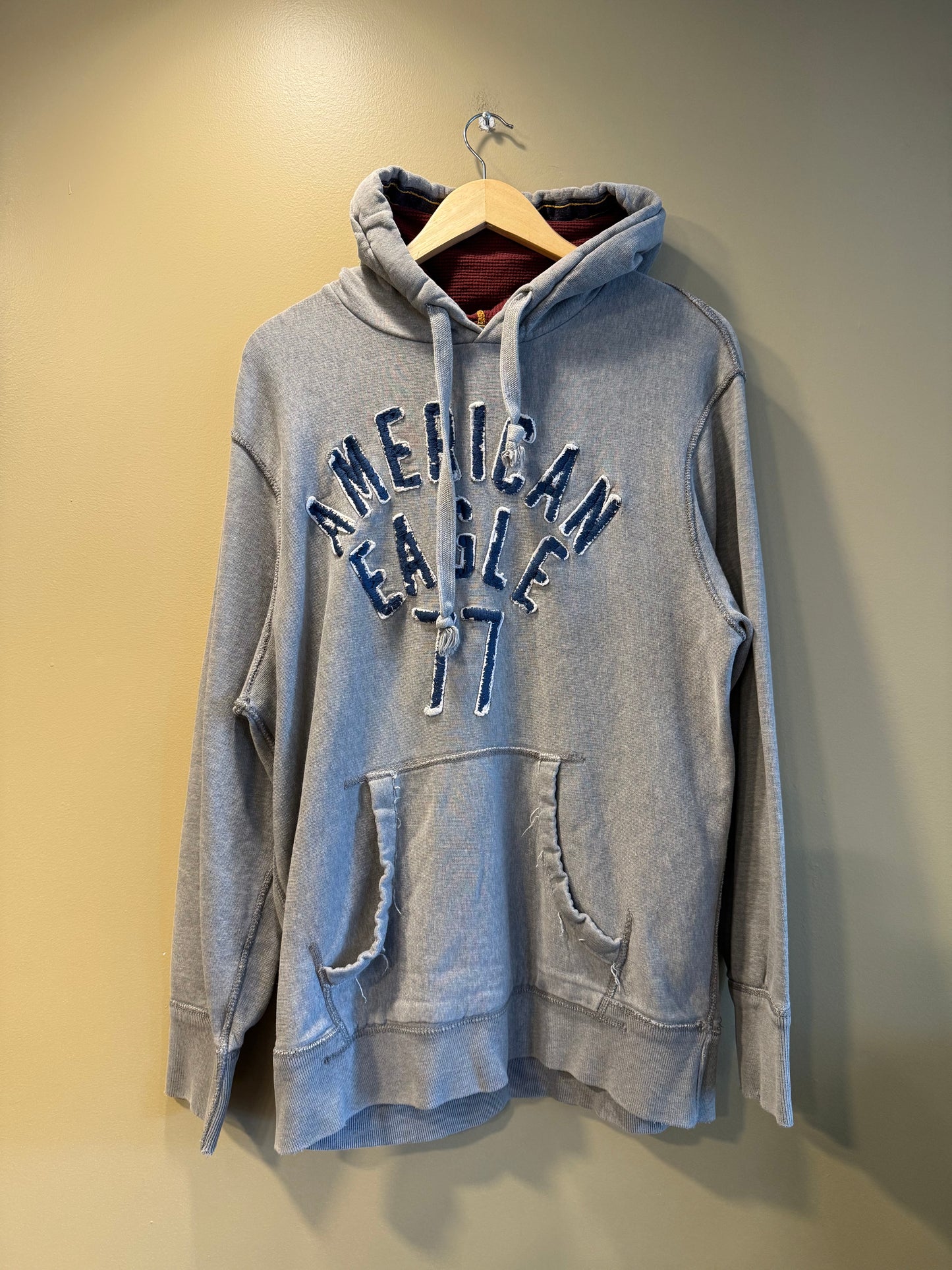 Vintage American Eagle Gray Stitched Heavyweight Hoodie Sweatshirt- L