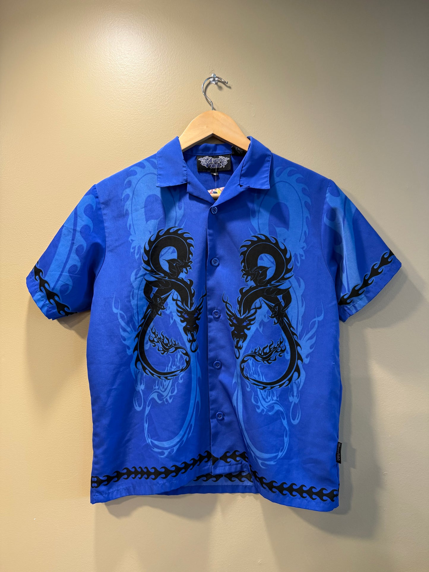 Vintage Y2K Silver Point Blue Dragon Button-Up Shirt- S