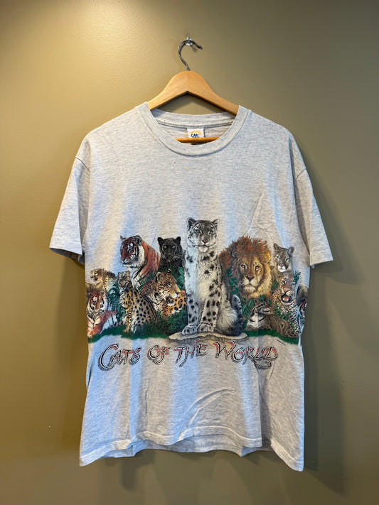 Vintage Cats of the World Nature Wrap-Around Print T-Shirt- M
