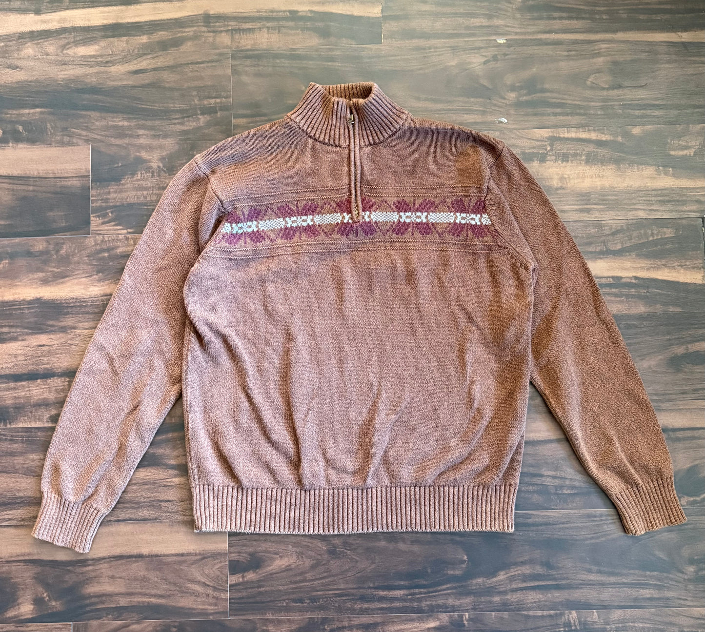 Vintage Brown Patterned Quarter-Zip Sweater- L