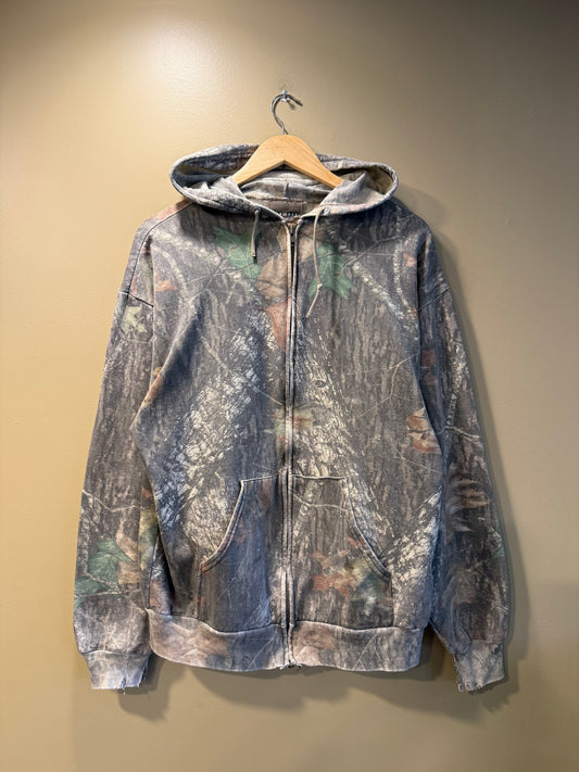 Vintage Jerzees Outdoors Mossy Oak Tree Camo Zip-Up Hoodie Sweatshirt- XL