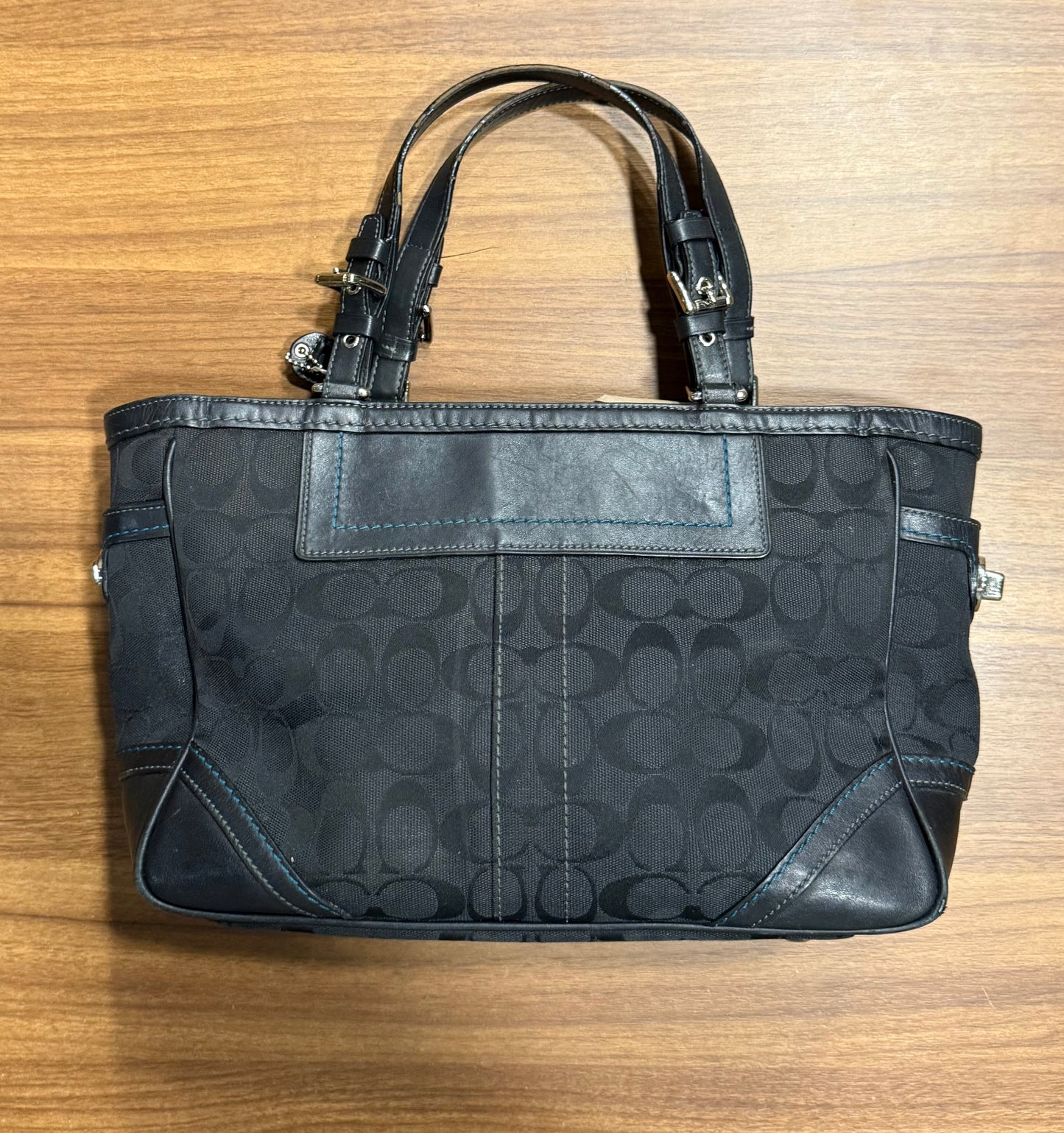 Vintage Coach F05M-8K49 Signature Gallery Black w/ Blue Trim Jacquard Tote Handbag