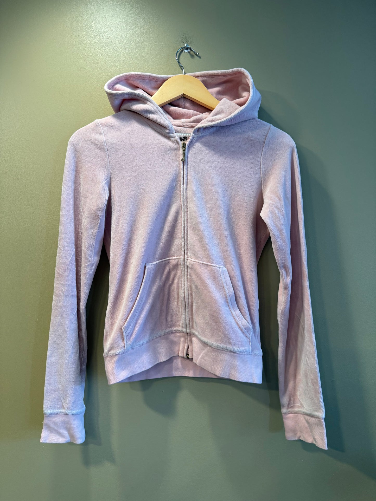 Vintage Juicy Couture Baby Pink Velour Zip-Up Hoodie Sweatshirt- S/M