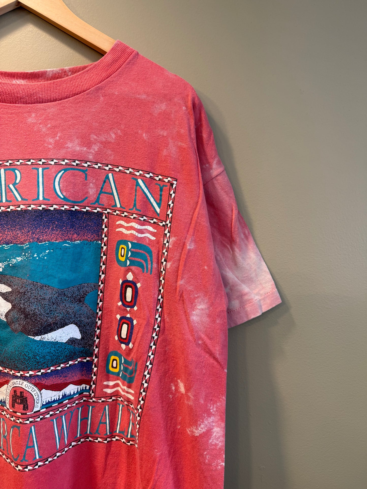 Vintage American Eagle Orca Whale Red Bleach Dye T-Shirt- L