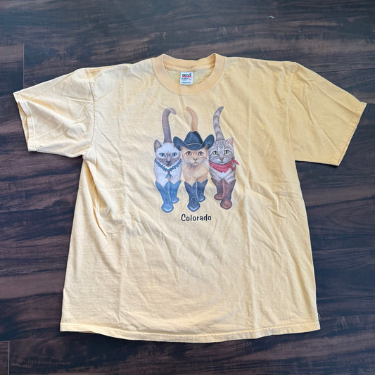 Vintage Colorado Cowboy Cats Yellow T-Shirt- XL