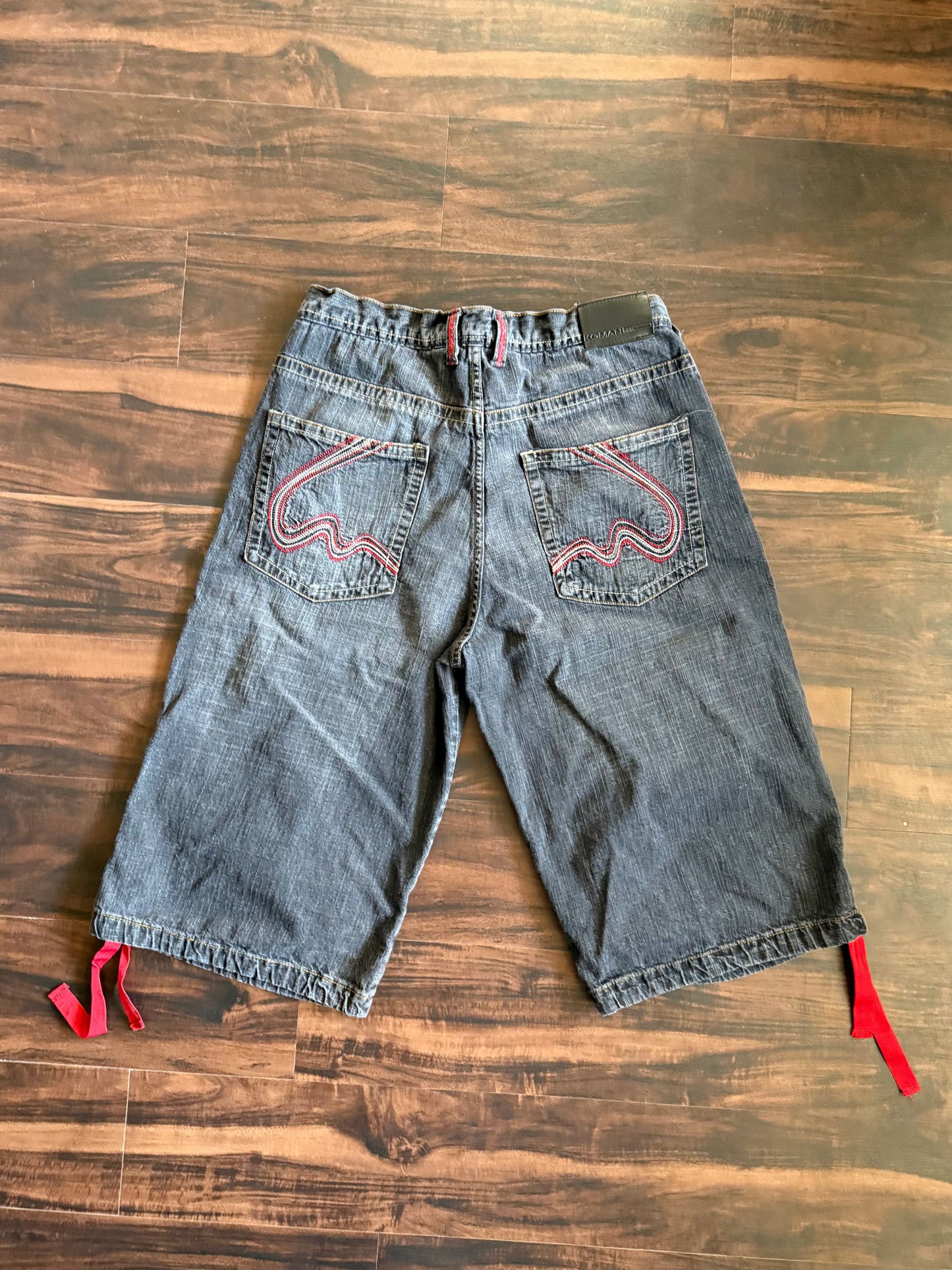 Vintage Y2K Komani Streetwear Black Tassled Denim Jean Shorts- 34
