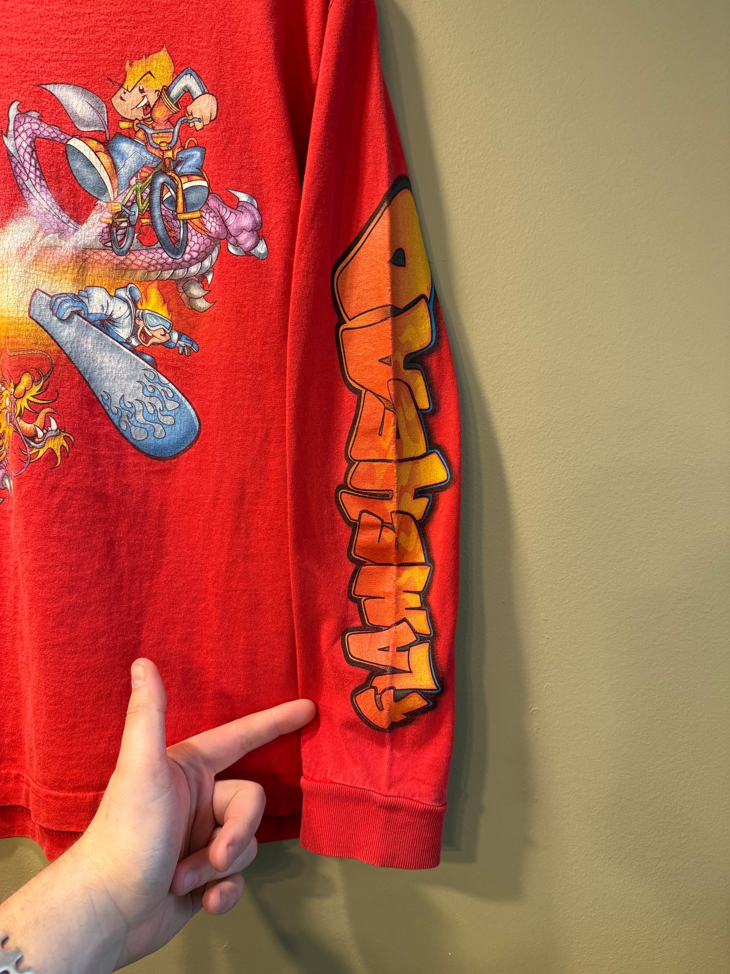 Vintage Y2K JNCO Flamehead Streetwear Red Long Sleeve T-Shirt- S