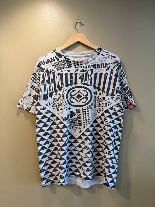 Vintage Maui Built All Over Print White Surfwear T-Shirt- L