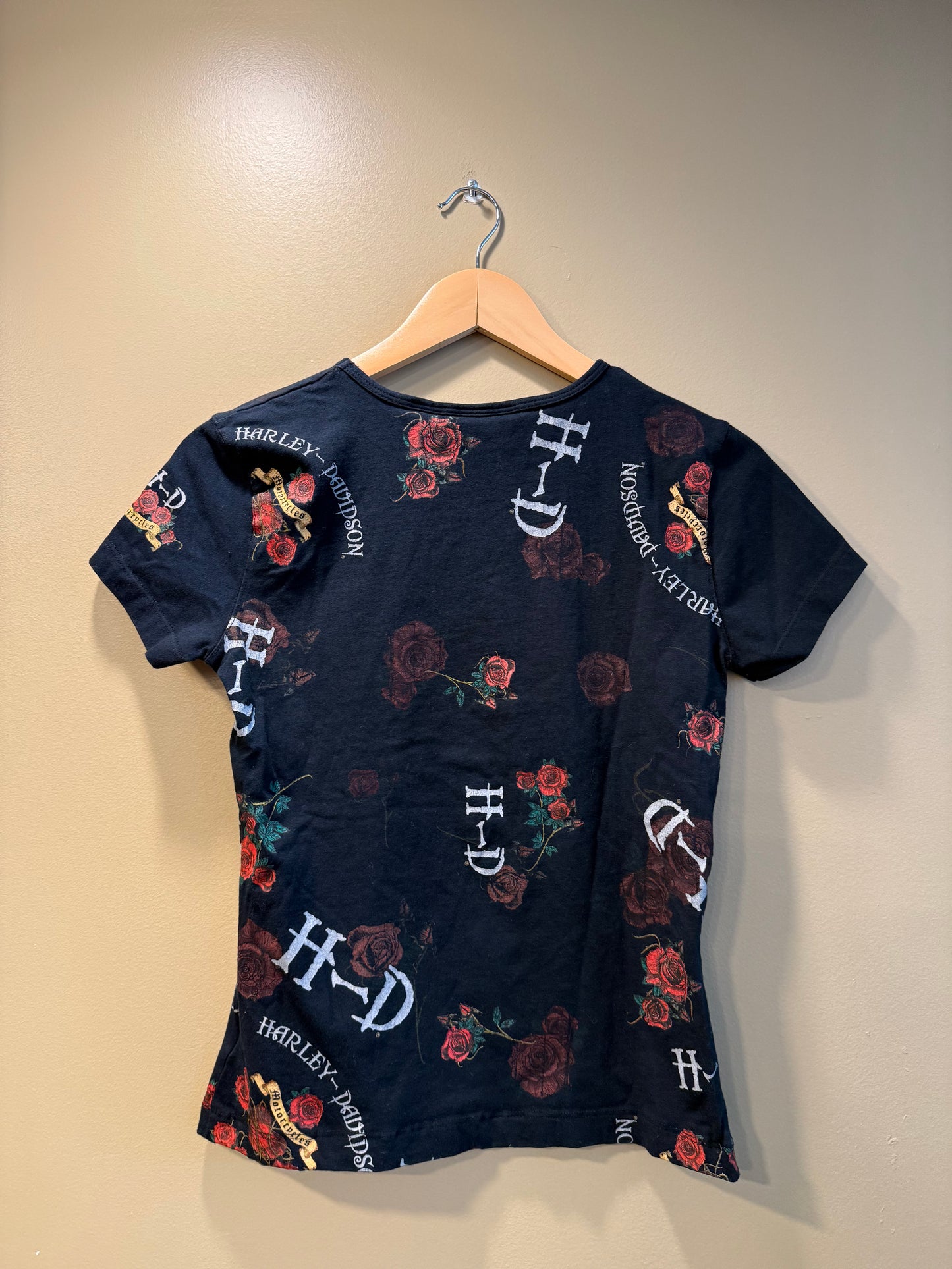 Vintage Harley Davidson Motorcycles Roses All Over Print T-Shirt- S