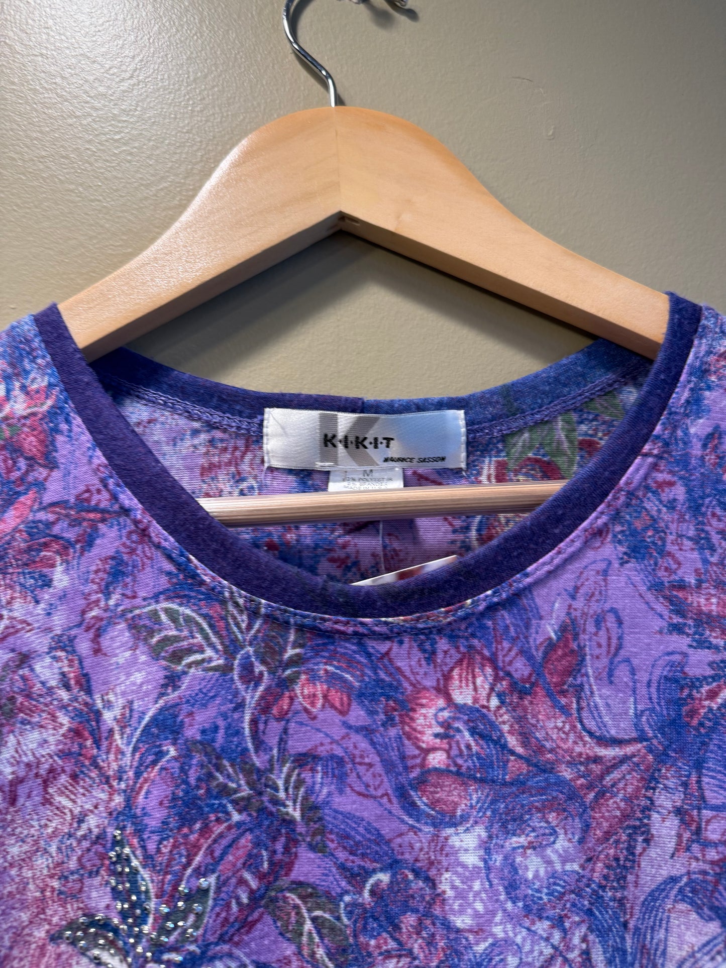 Vintage Y2K Kikit Purple Rhinestone Floral T-Shirt- M