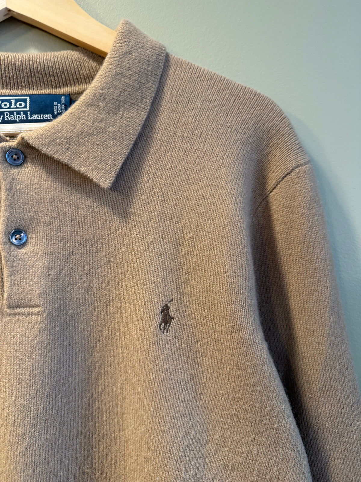 Vintage Polo Ralph Lauren Tan Lambswool Button-Up Collared Sweater- XL