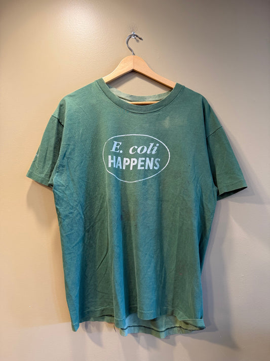 Vintage E. Coli Happens Green Sun Faded T-Shirt- L