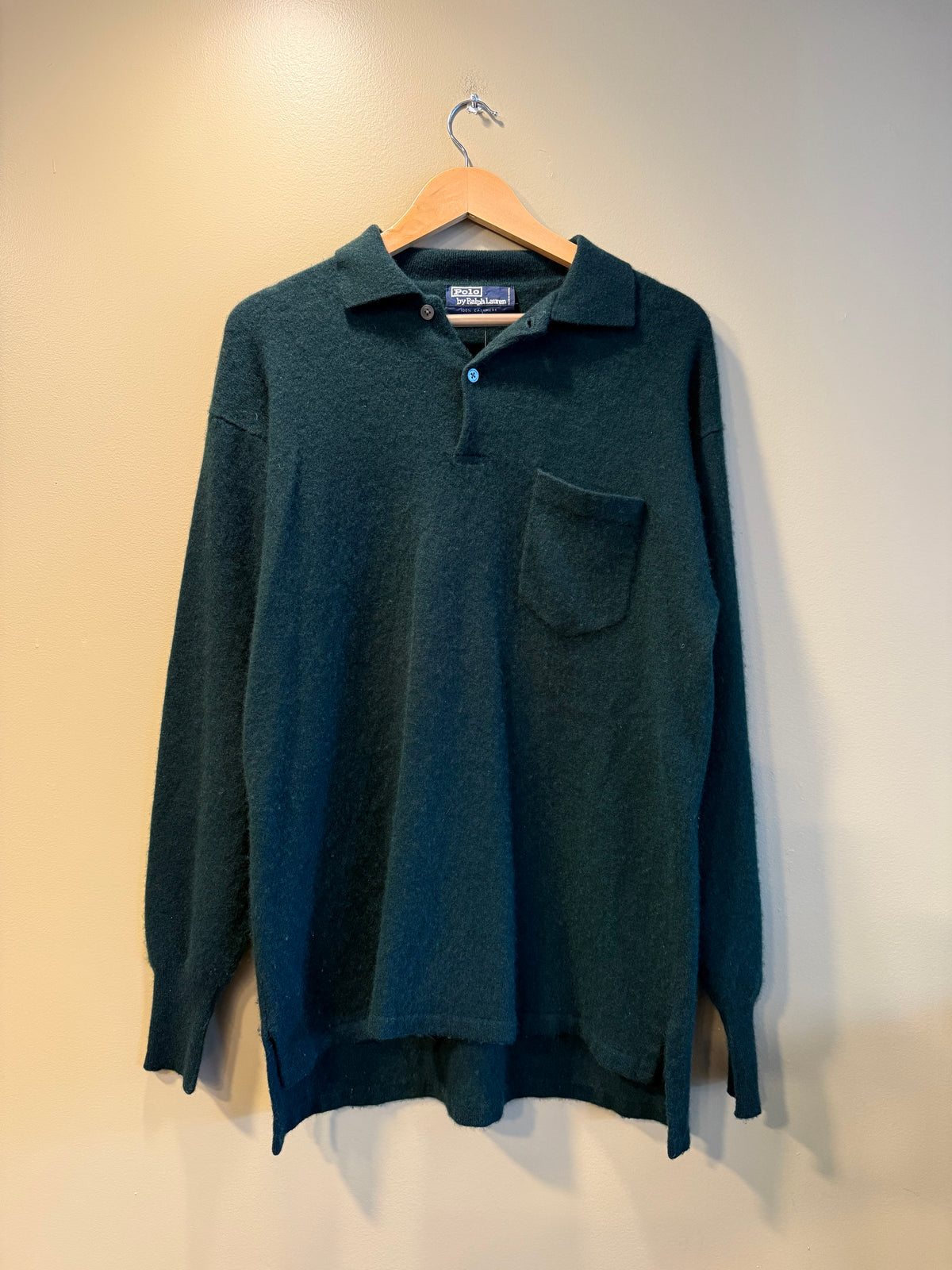 Vintage Polo Ralph Lauren Forest Green Cashmere Button-Up Collared Sweater- L