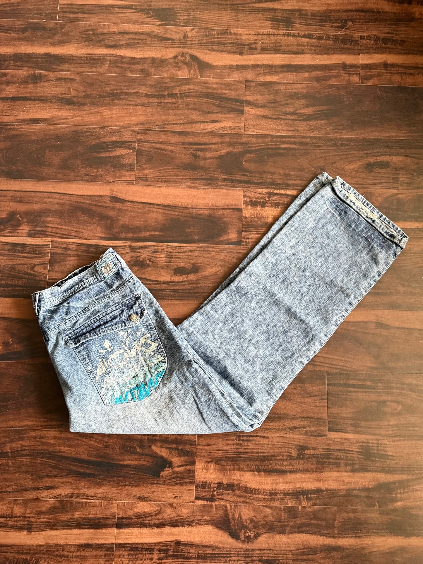 Vintage Y2K Akademiks Light Wash Graphic Pocket Denim Jeans- 38x34