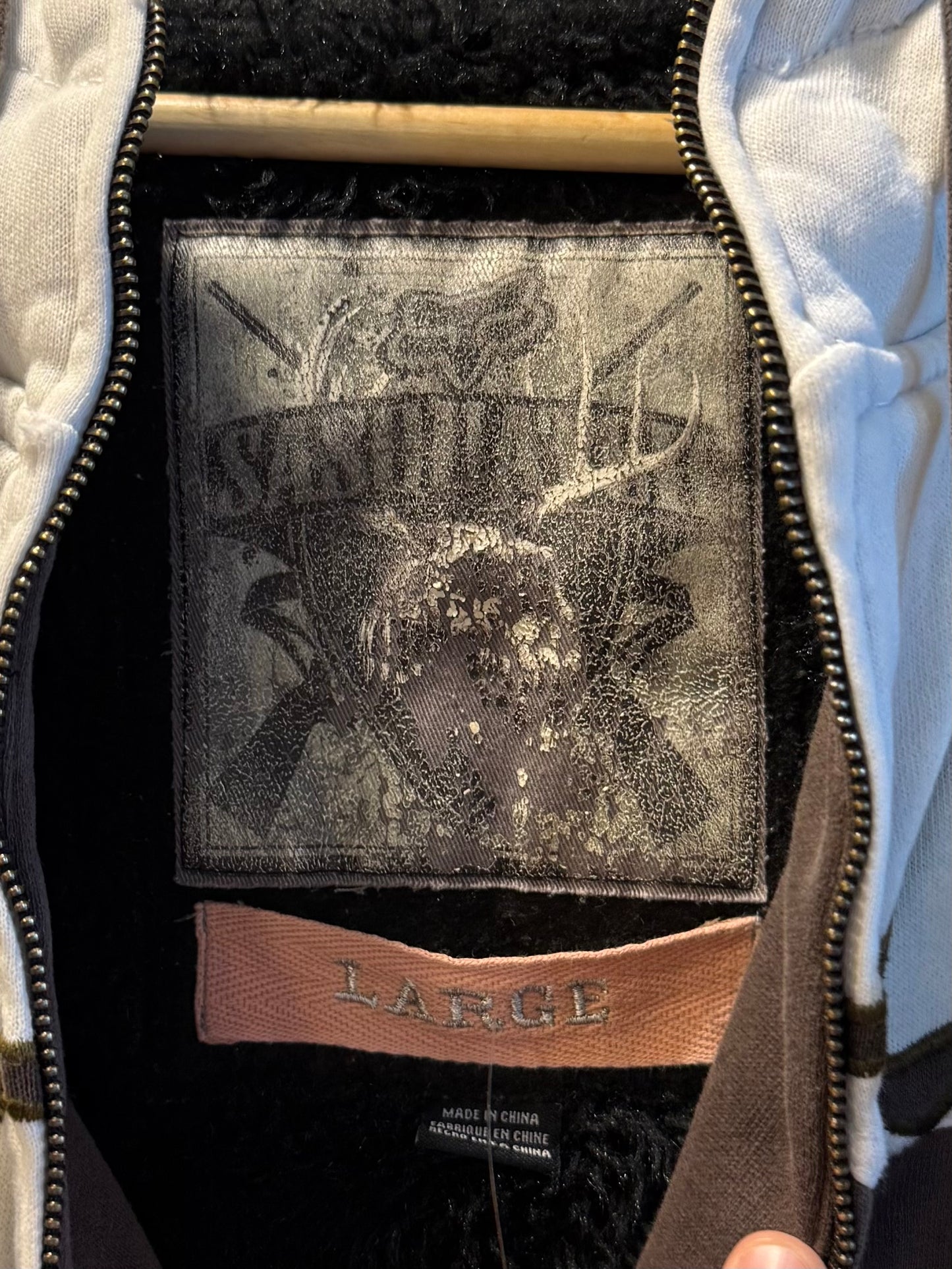 Vintage Fox Racing Brown & White Fur Lined Zip-Up Hoodie Sweatshirt- L