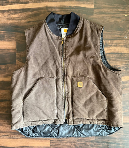 Vintage Carhartt Dark Brown Canvas Quilt-Lined Workwear Vest- XXL