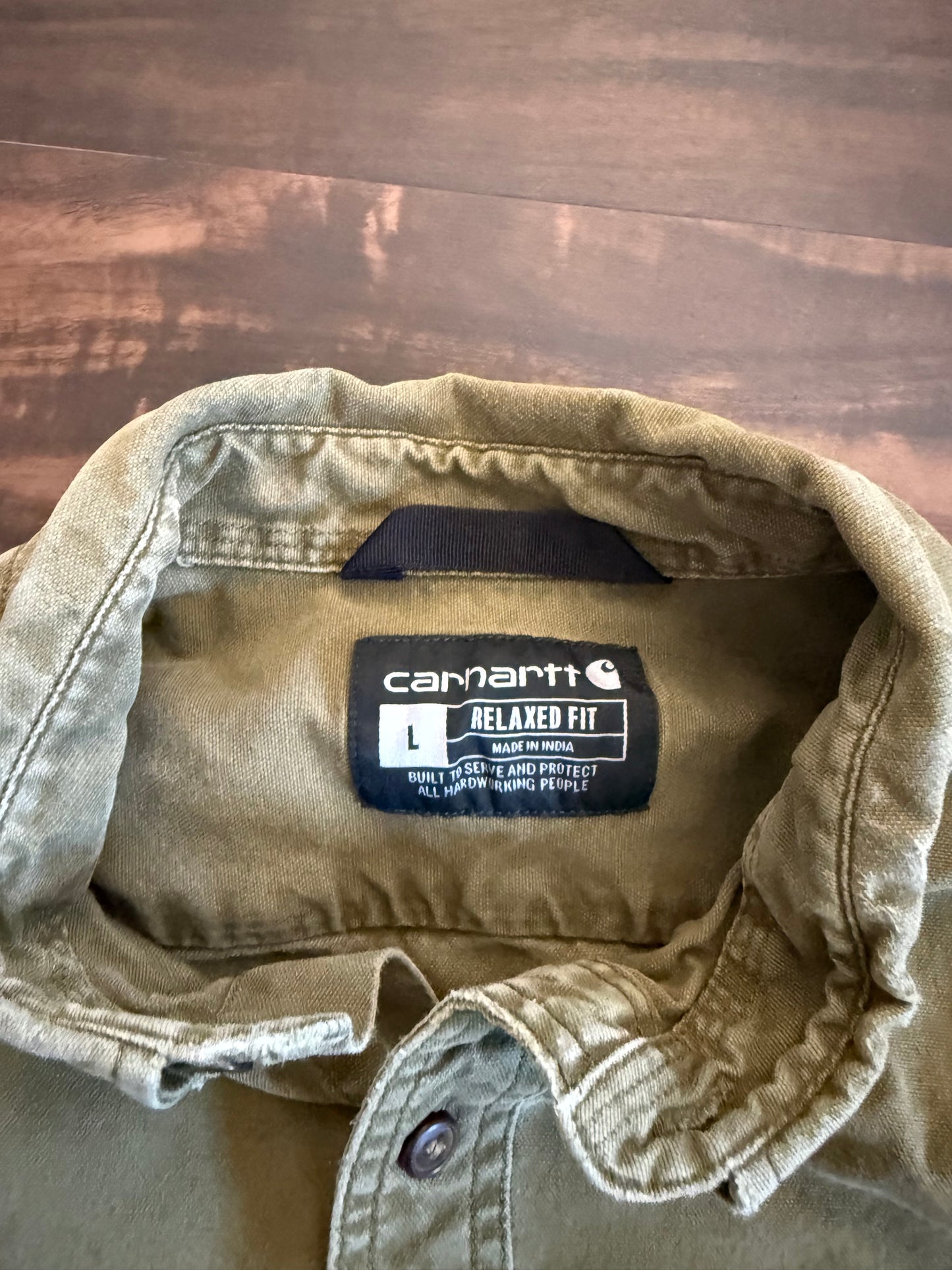 Vintage Carhartt Rugged Flex Short Sleeve Green Canvas Button-Up Shirt- L
