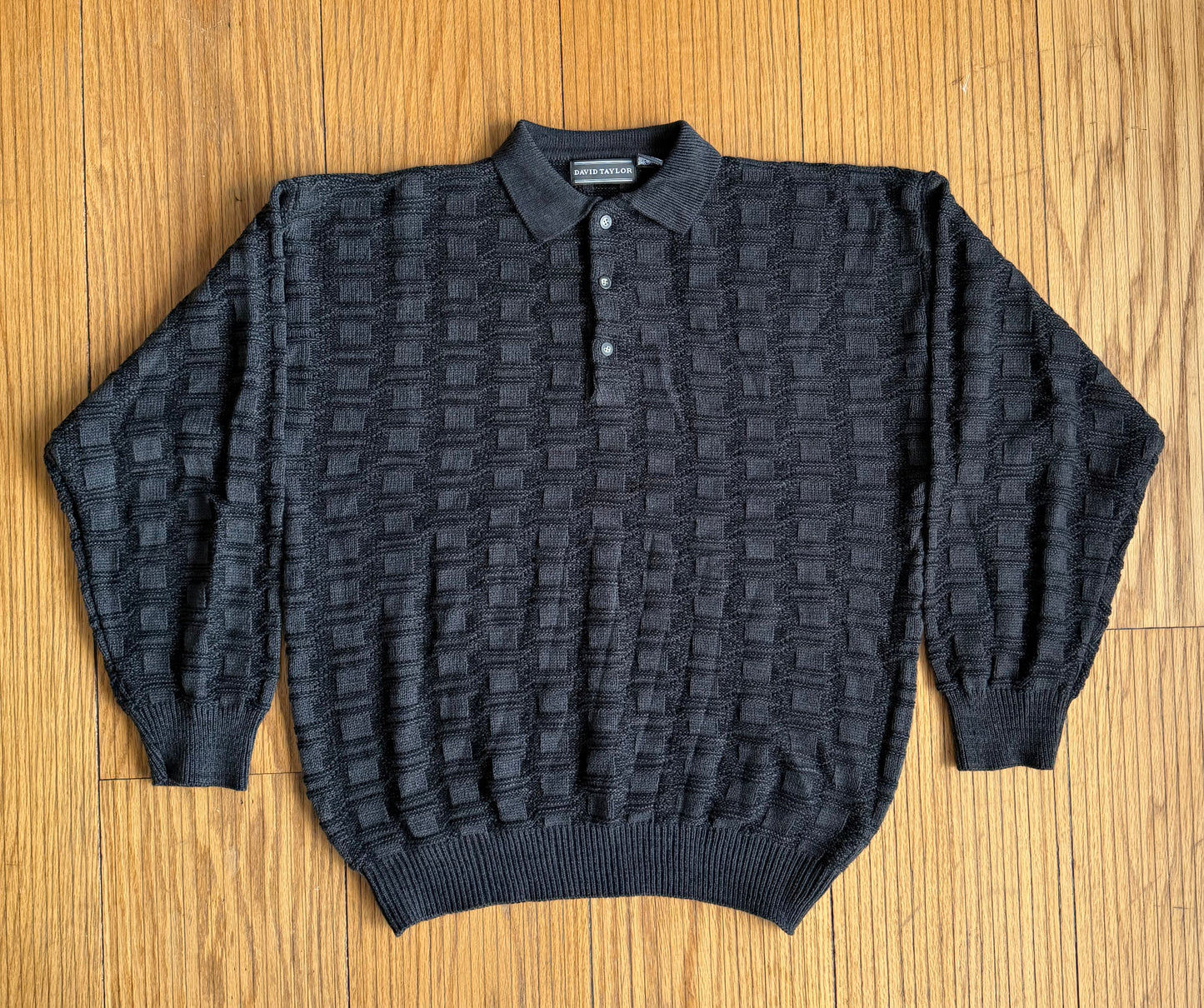 Vintage Collared & Textured Black Knit Sweater- XL