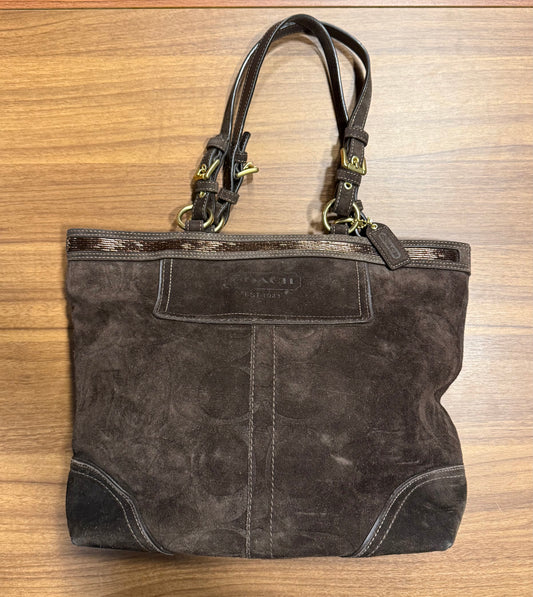 Vintage Coach 10442 Retired Suede Brown Beaded Tote Shoulder Bag