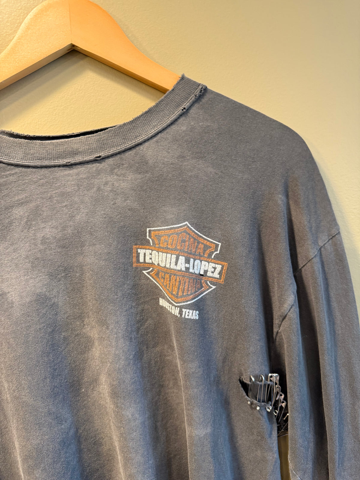 Vintage Tequila Lopez Harley Davidson Distressed Safety Pinned Long Sleeve T-Shirt- L