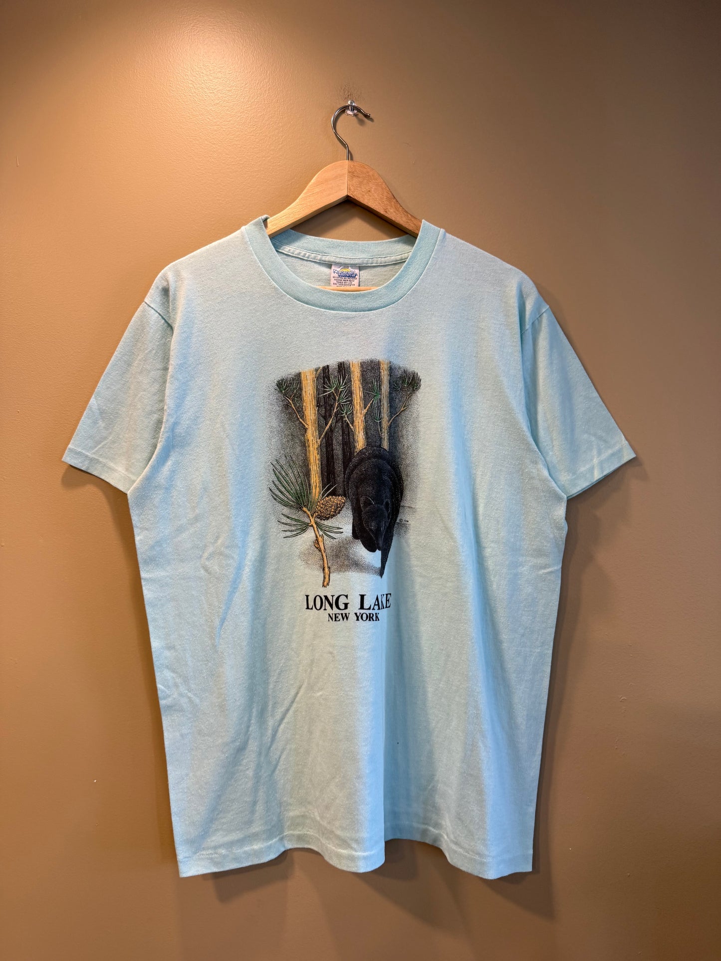 Vintage Black Bear Long Lake New York Blue T-Shirt- XL