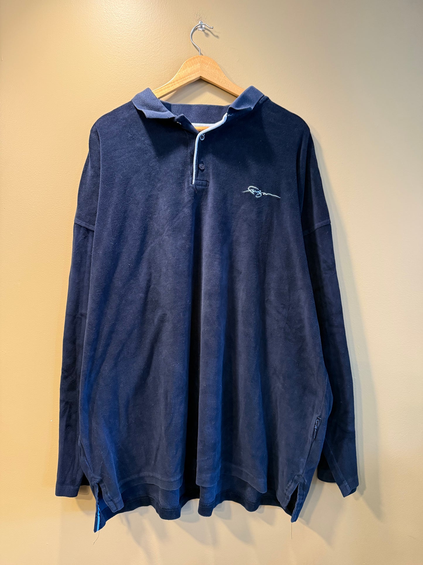 Vintage Fubu Velour Long Sleeve Navy Blue Polo Shirt- XL